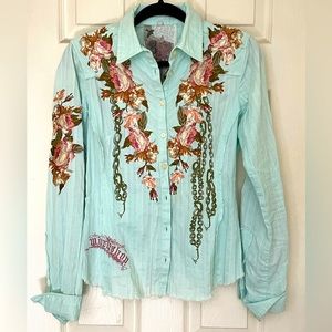 Johnny Was 3J Workshop Long Sleeve Button Down Chains of Love Butterfly Small
